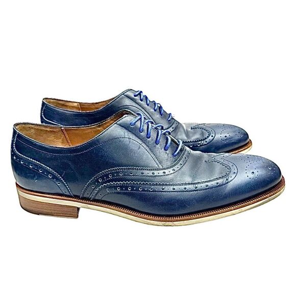 Salvatore Ferragamo Wingtip Oxford Blue Leather Shoes Men 11 D Italy EUC